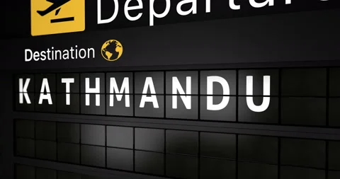 Flight information display board with the arrival city of Kathmandu Stock Footage 147064227