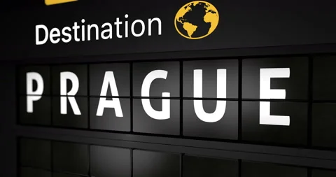 Flight information display board with the arrival city of Prague Stock Footage 147064548