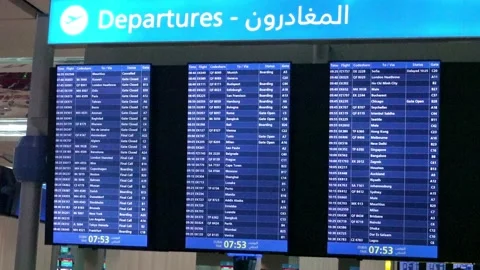 Flight information display system in Dubai airport Video stock 145849262