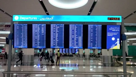 Flight information display system in Dubai airport Video stock 145851518