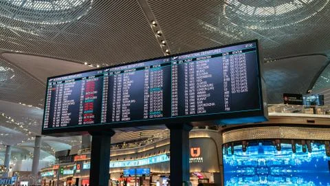 Flight information time table in new Istanbul Airport Stock Photos