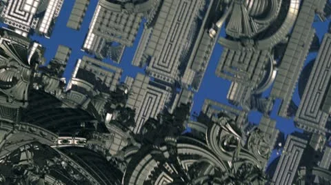 Flight inside alien complex of steel structures n1106B Stock Footage 12173163