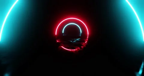 Flight inside tunnel with glowing neon rings and on dark background Stockbeeldmateriaal 159347157