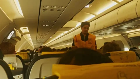 Flight interior with cabin crew and passengers in scoot airlines at I Gusti Stock Footage 334575686