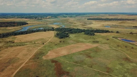 Flight on a kopter on boundless open spaces from below a field small river Stock Footage 112307879