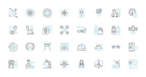 Flight linear icons set. Takeoff, Landing, Pilots, Passengers, Airline, Planes Ilustración de archivo