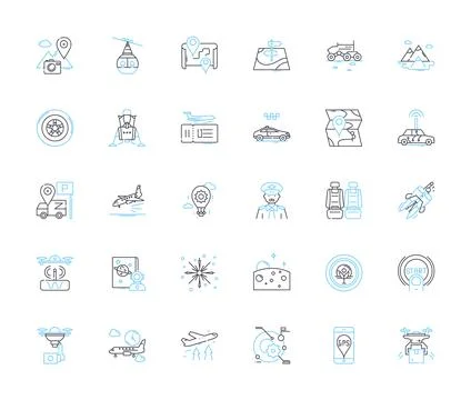 Flight linear icons set. Takeoff, Landing, Pilots, Passengers, Airline, Planes Ilustración de archivo
