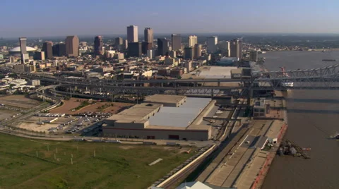 Flight looking back at downtown New Orleans and bridge. Shot in 2007. Stock Footage 59520868