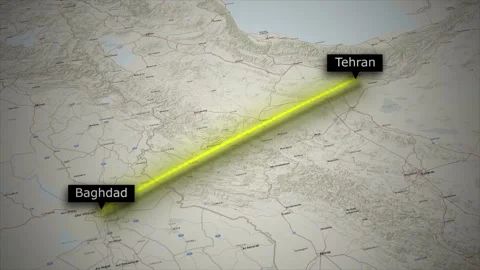 Flight Map Animation from Tehran to Baghdad connecting route on World Map Stock Footage 329182900