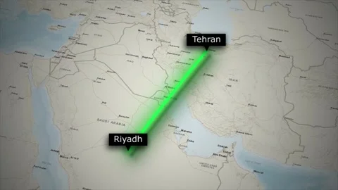 Flight Map Animation from Tehran to Riyadh on World Map Video stock 329127129