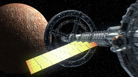 Flight to the Mercury of a great interplanetary spaceship, 3d animation 스톡 동영상 85038119