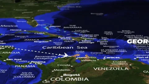 Flight From Mexico City MEXICO to Georgetown GUYANA with flag pins Stock Footage 337047671