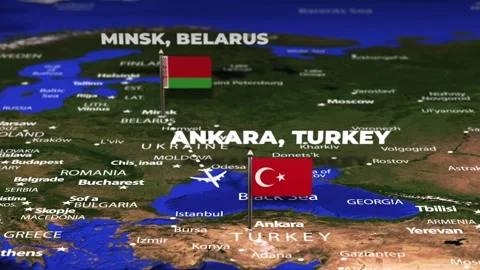 Flight From Minsk BELARUS to Ankara TURKEY with flag pins Stock Footage 344249916