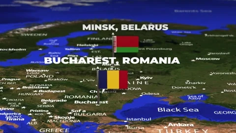 Flight From Minsk BELARUS to Bucharest ROMANIA with flag pins Stock Footage 344252182
