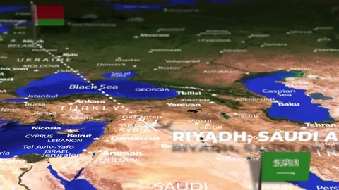 Flight From Minsk BELARUS to Riyadh SAUDI ARABIA with flag pins Stock Footage 344261585