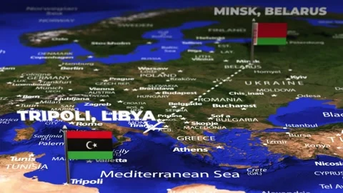 Flight From Minsk BELARUS to Tripoli LIBYA with flag pins Stock Footage 344272641