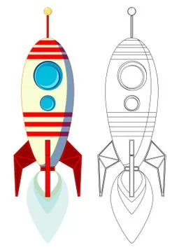Flight of the Missile with Flame from Engine, Color and contour image, Vector Stock Illustration