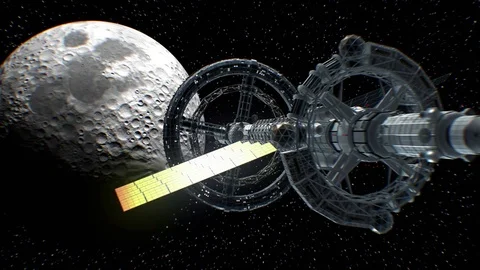 Flight to the Moon of a great interplanetary spaceship, 3d animation Stock Footage 85038370