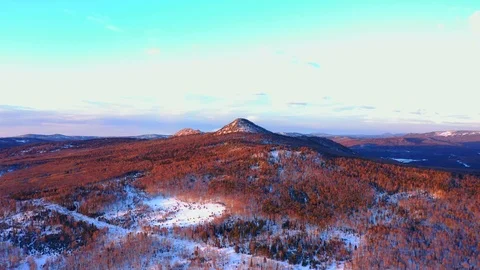 Flight to the mountain at sunset, winter forest Stock Footage 121205277