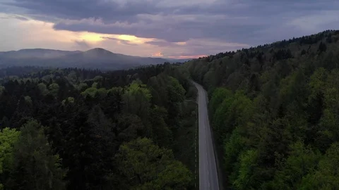 Flight in the mountains over pine tree forest and  road in sunset soft light. Stock Footage 121094343