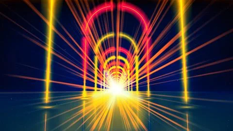 Flight movement through arcade of glowing neon lines, tunnel, corridor. Abstract Illustrazione stock