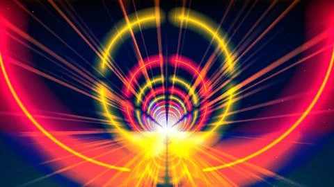 Flight movement through arcade of glowing neon tunnel, corridor, circle. Design Stock Illustration