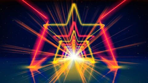 Flight movement through arcade of glowing neon star. Abstract background Stock Illustration