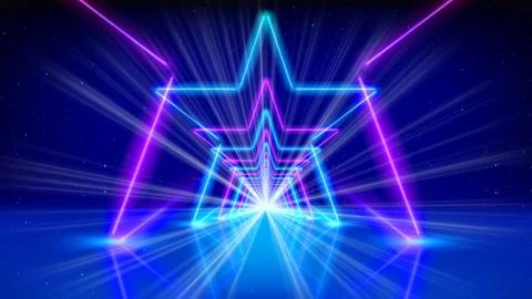 Flight movement through arcade. Glowing neon tunnel, corridor, star. Abstract Stock Illustration