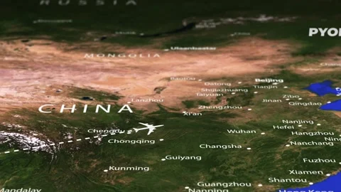 Flight From Mumbai INDIA to Pyongyang NORTH KOREA ARMENIA with flag pins Stock Footage 330458640