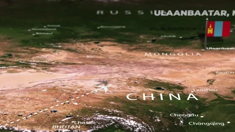 Flight From Mumbai INDIA to Ulaanbaatar MONGOLIA ARMENIA with flag pins Stock Footage 330461735
