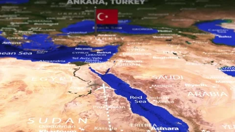 Flight From Nairobi KENYA to Ankara TURKEY with flag pins Stock Footage 344847477