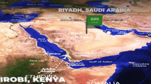 Flight From Nairobi KENYA to Riyadh SAUDI ARABIA with flag pins Stock Footage 344845026
