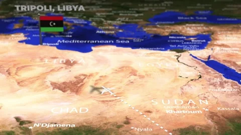 Flight From Nairobi KENYA to Tripoli LIBYA with flag pins Stock Footage 344846736