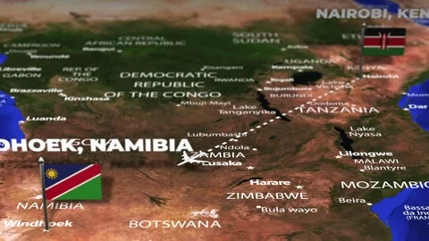 Flight From Nairobi KENYA to Windhoek NAMIBIA with flag pins Stock-Footage 344847032