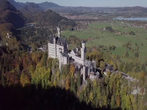 Flight to Neuschwanstein Castle, Germany. Original LOG. Stock Footage
