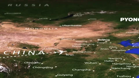 Flight From New Delhi INDIA to Pyongyang NORTH KOREA with flag pins Stock Footage 331786829