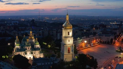 Flight at night over the Sofia Cathedral in Kiev Video stock 108594958