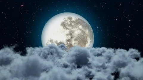 Flight at night through the clouds to the big moon. Starry sky. Video stock 107388361