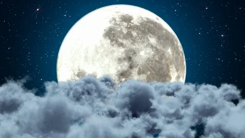 Flight at night through the clouds to the big moon. Starry sky. Video stock 107665734