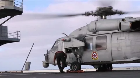 Flight Operations Aboard Aircraft Carrier. Floating Air Base in The Sea  (23 Video stock 253335694