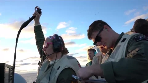 Flight Operations Aboard Aircraft Carrier. Floating Air Base in The Sea  (27 Video stock 253335817