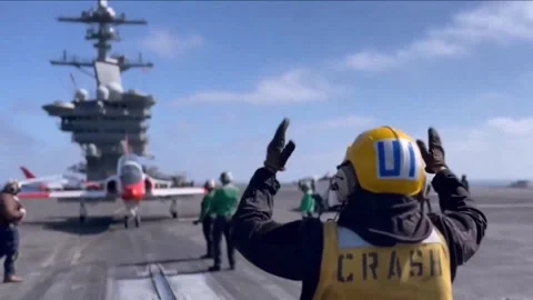 Flight Operations Aboard Aircraft Carrier. Floating Air Base in The Sea  (34 Stock Footage 253336077