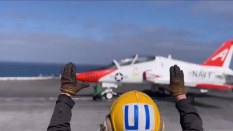 Flight Operations Aboard Aircraft Carrier. Floating Air Base in The Sea  (35 Video stock 253336087