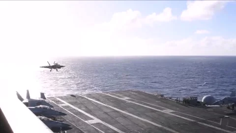 Flight Operations Aboard Aircraft Carrier. Floating Air Base in The Sea  (8) Stock Footage 253336822
