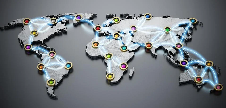 Flight or internet network on 3D world map. 3D illustration Stock Illustration