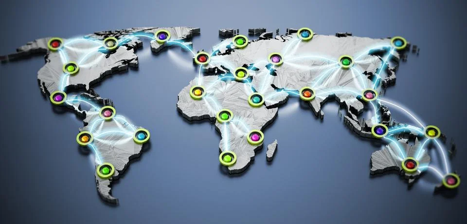 Flight or internet network on 3D world map. 3D illustration Stock Illustration