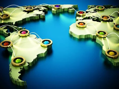 Flight or internet network on 3D world map. 3D illustration Flight or inte... Foto stock