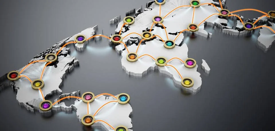 Flight or internet network on 3D world map. 3D illustration Flight or inte... Foto stock