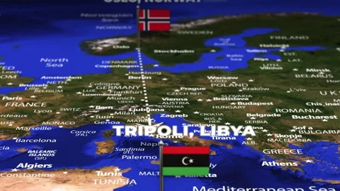 Flight From Oslo NORWAY to Tripoli LIBYA with flag pins Stock Footage 339062987
