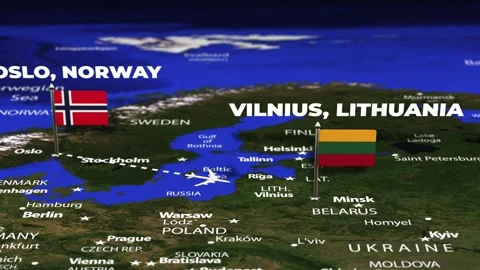 Flight From Oslo NORWAY to Vilnius LITHUANIA with flag pins Stock Footage 339062840